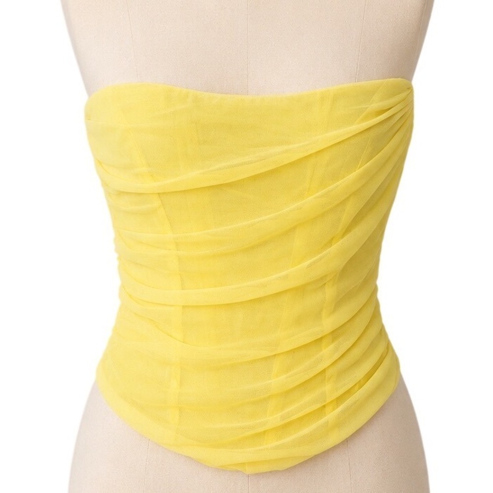 Marthea Yellow Mesh Draped Corset Top Ruched Boned Sleeveless‎ XL NEW